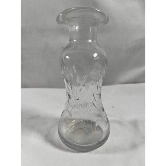 Vintage Crystal Etched Glass Handcrafted Oil Vinegar Bottle No Stopper Signed - Picture 5 of 11